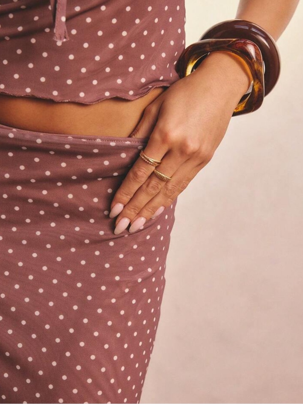 Polka Dot Mauve Brown Midi Skirt - Women's Two-Piece Set - Picture 6 of 8